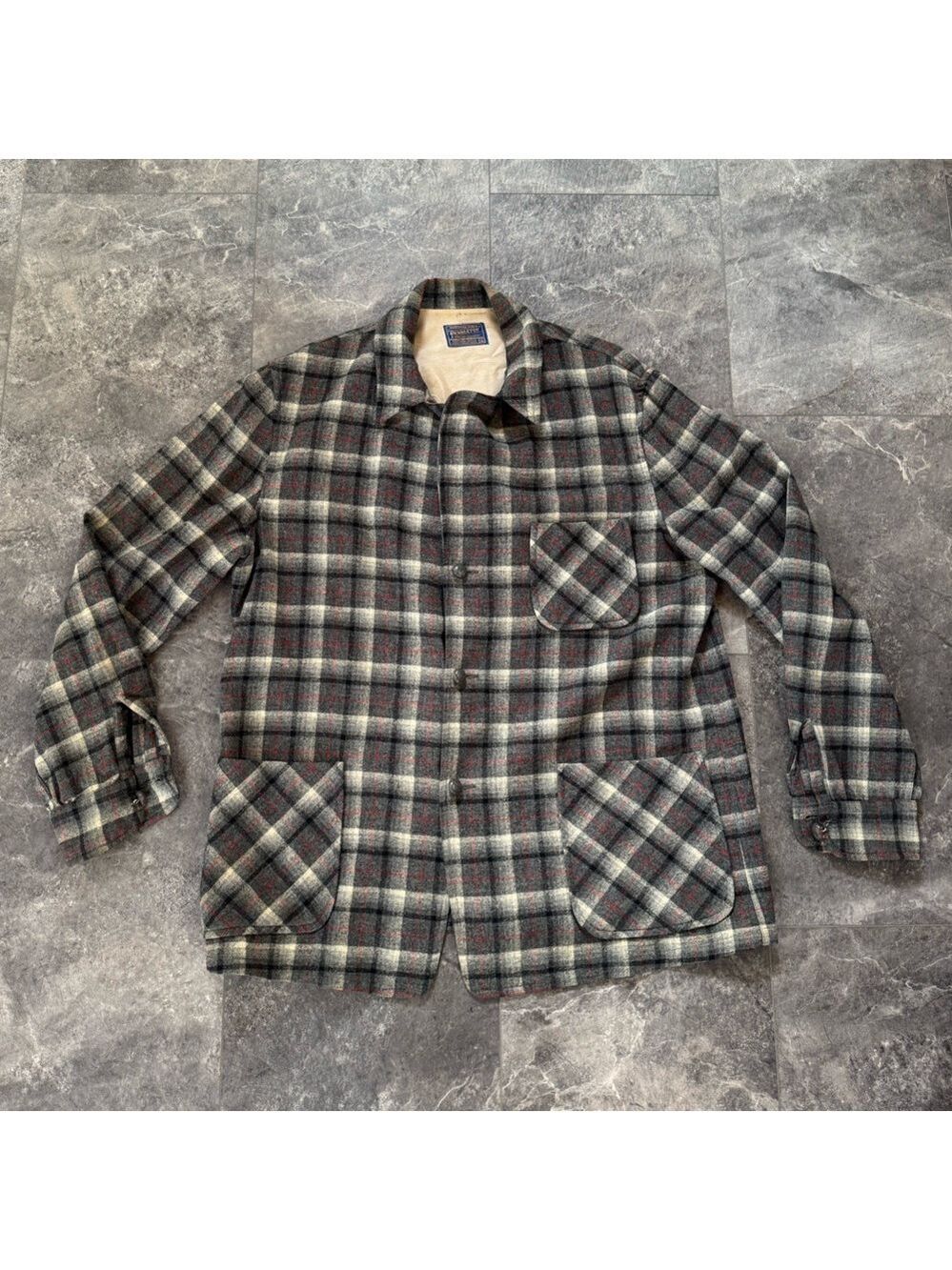 Pendleton Vintage Gray Plaid Wool Blazer Suit Over Coat Size XL